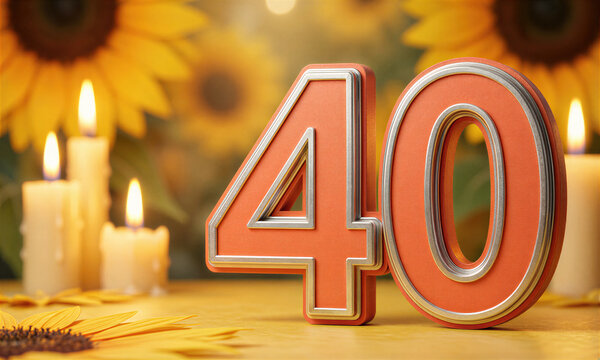 A vibrant orange 40th birthday display with silver trim sits on a yellow surface surrounded by sunflowers and candles.