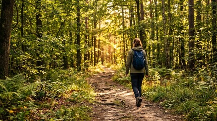 Fototapeta premium Woman hiking on a forest path with sunbeams filtering through the trees