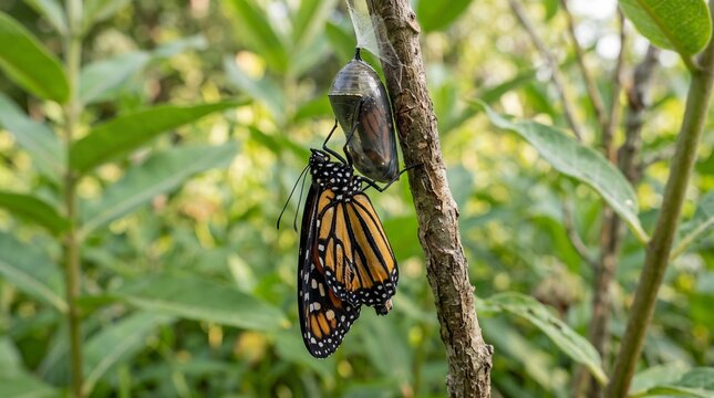 Monarch butterfly emerges from chrysalis on a branch in nature