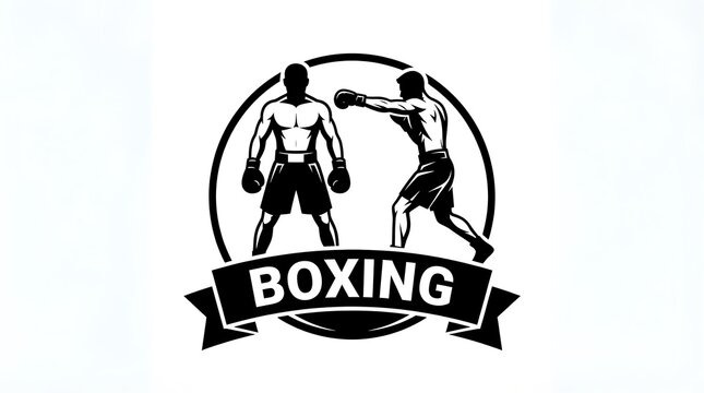 Black and white vintage style boxing emblem featuring two fighters in a ring with a banner