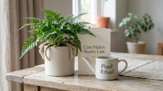 Green fern plant in a white pot stands on a rustic wooden table next to a botanical care card and a ceramic watering can with plant ritual text, representing home gardening and indoor decor