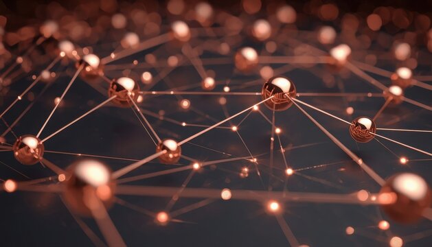 Abstract digital network with glowing copper spheres and lines connectivity abstract technology connection structure internet information particle background geometric convergence graphics
