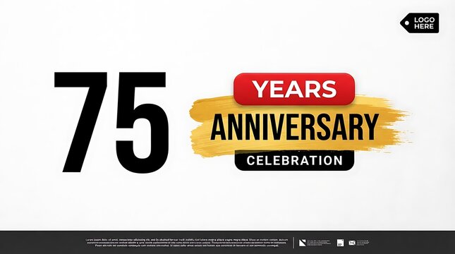 Seventy five years anniversary celebration design with elegant golden brush stroke and modern typography on white background