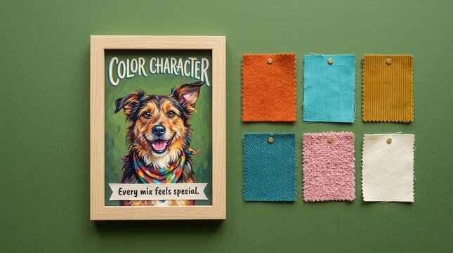 Artistic framed dog portrait labeled Color Character rests beside six assorted fabric swatches on a green background, providing inspiration for vibrant interior decor and pet themed home design ideas.