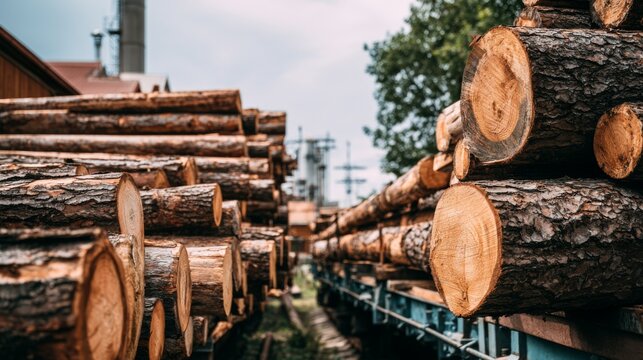 Stacks of Cut Logs in a Timber Yard Surrounded by Nature with Machinery in the Background, Perfect for Forest and Lumber Industry Themes