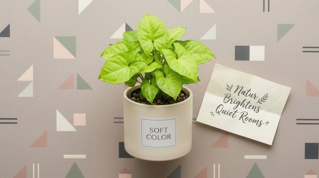 Vibrant green Syngonium houseplant in a cream ceramic pot sitting against a geometric pattern wallpaper background, accompanied by a small paper note with a handwritten nature quote about