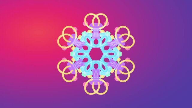 Colorful kaleidoscope pattern moving on a bright gradient background creates a hypnotic motion effect, 3D animation