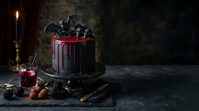 Gothic black halloween cake with red dripping icing and skull decorations