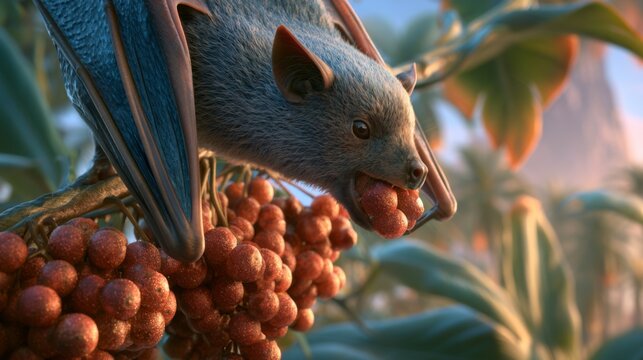 Detailed close-up of a fruit bat munching on juicy red berries in a vibrant tropical setting surrounded by lush greenery and colorful plants