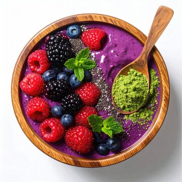 Vibrant purple smoothie bowl topped with fresh berries, chia, and matcha
