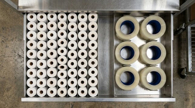 Replenishment cart drawer holding neatly rolled shipping labels beside prefilled tape rolls