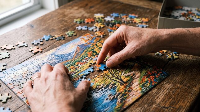 Hands assembling a landscape jigsaw puzzle on a wooden table