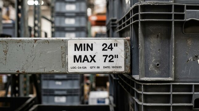 Min max shelf label in soft overhead light beside a stacked storage bin