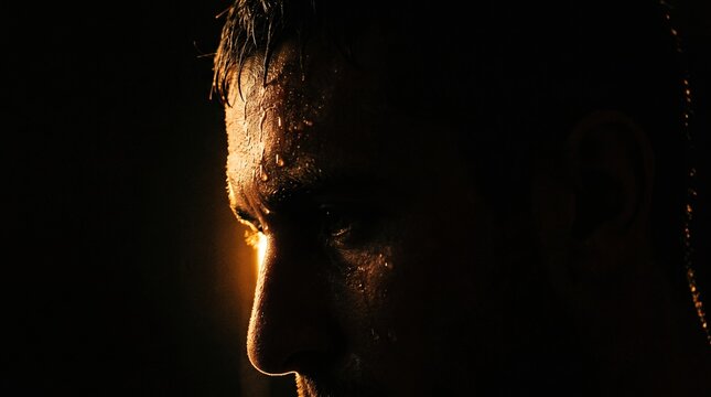 Dramatic close up of sweating man forehead and nose in dark background