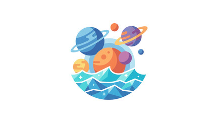 Fototapeta premium Colorful flat illustration of planets floating above stylized blue waves, depicting a cosmic ocean scene with vibrant celestial bodies.