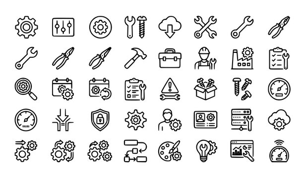 Technical Settings and Maintenance Thin Outline Icons for Repair Service Tools and System Configuration Vector