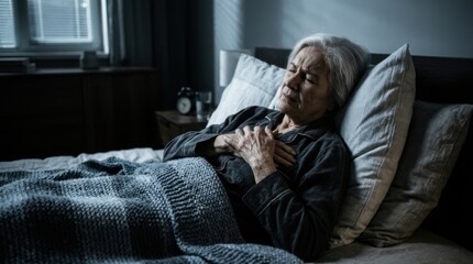 Fototapeta premium Elder Woman Experiencing Chest Pain In Bed At Night