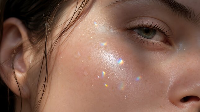 Macro view of glowing natural skin cheekbone with water droplets and rainbow light reflection, highlighting hydrating skincare treatment, natural skin texture, and beauty dermatology.