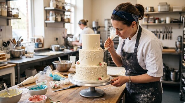Pastry chef meticulously decorates a three tier wedding cake with intricate piping