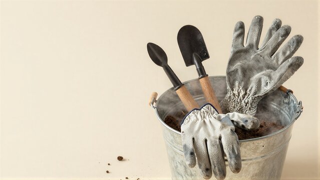 Garden tools and gloves in buckets, soil with misty vapor rising.