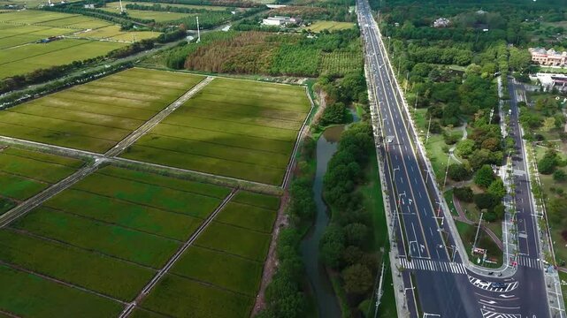 Aerial View of Farmland, Canal and Urban Road Near Sheshan