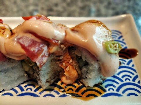 Delicious Sushi Roll with Toppings on a Decorative Plate.