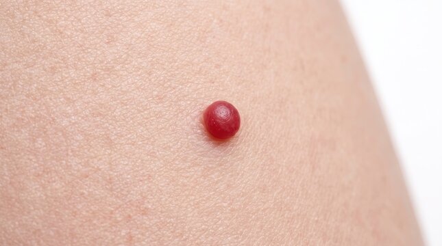 Macro closeup of cherry angioma red nevus mark on human skin