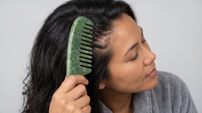 Asian woman combing dark scalp hair with green jade gua sha comb