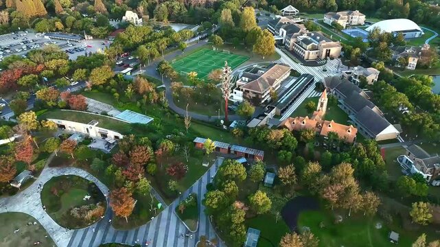 Forward Drone Flight Over Sports Complex Near Sheshan Mountain