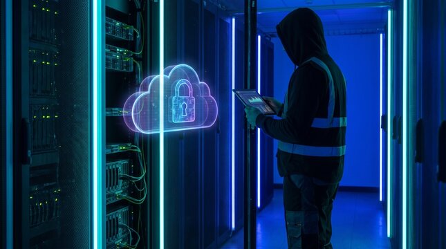 Technician in dark server room holding tablet with floating holographic secure cloud icon