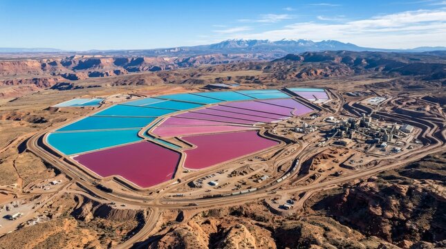 Aerial view of colorful potash evaporation ponds in Moab Utah.