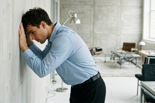 A distressed businessman leans against a wall in a bright, minimalistic office, his face etched with anxiety and forehead pressed against the concrete.