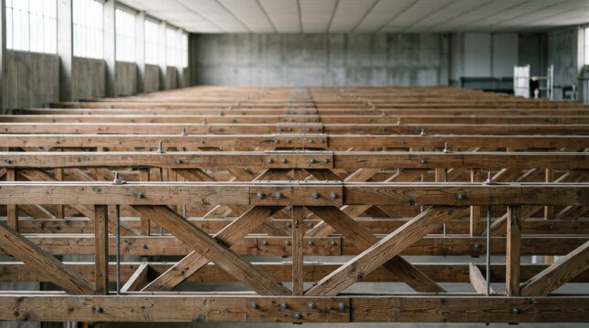 Large Industrial Warehouse Interior with Exposed Wooden Roof Truss Structure.