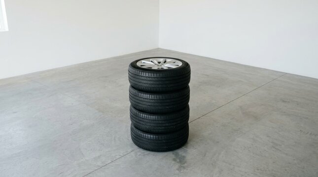 Stack of four black car tires with silver rims on concrete floor.