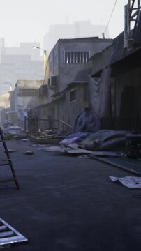 Amidst the quiet of an empty alley, shadows linger around discarded items. Broken structures whisper tales of the past as layered debris tells a story of neglect and history.