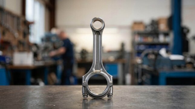 Automotive engine connecting rod on workbench in repair shop.