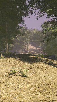 A serene trail meanders through vibrant foliage under a soft purple sky. Sunlight dapples the ground, creating a peaceful setting for a nature walk or adventure.