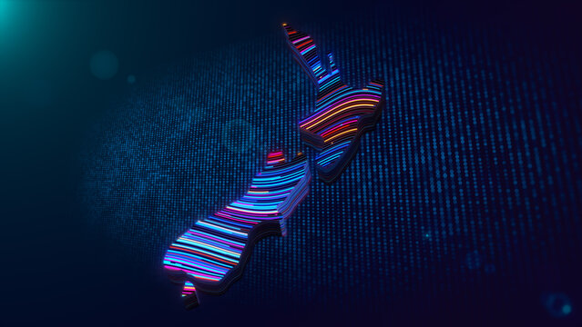 Abstract futuristic background featuring a glowing 3D extruded map of New Zealand with colorful wavy neon lines, digital grid, particles, lens flare, bokeh, and modern technology style.