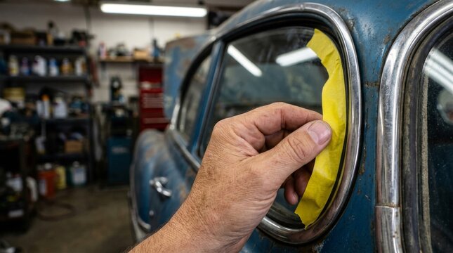 Mechanic applying masking tape to classic car window frame in auto repair shop.
