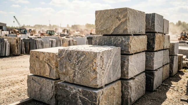 Stacked granite stone blocks at a quarry construction site.
