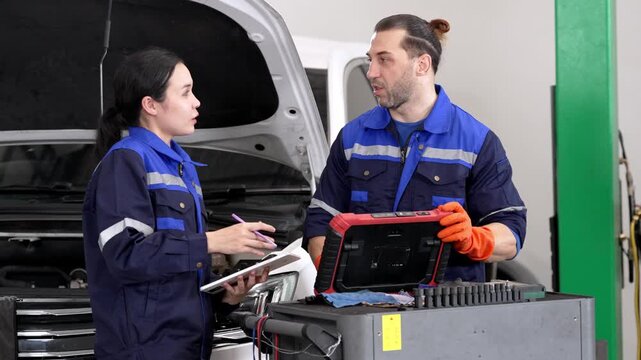 Automotive repair mechanic using diagnostic tool on car engine in workshop as technician inspects vehicle with open hood tablet safety glove near garage service equipment