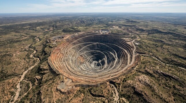Aerial View of Massive Open Pit Mining Operation in Remote Landscape.