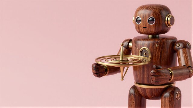 Wooden robot holds golden compass against soft pink background.