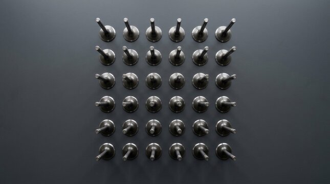 Top view of metallic screw heads arranged in a grid pattern on dark background.