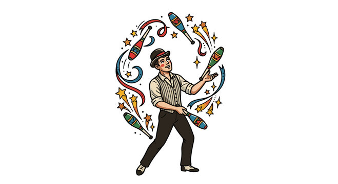 Circus juggler performing with colorful pins and festive decorations