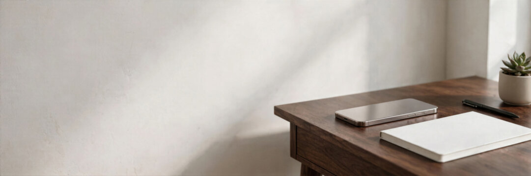Clean minimalist home office setup with elegant dark wood desk phone notebook copy space on left side banner