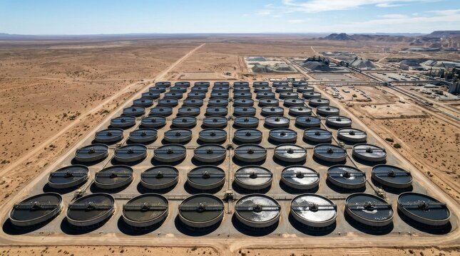 Aerial view of large scale industrial water treatment facility in desert landscape.