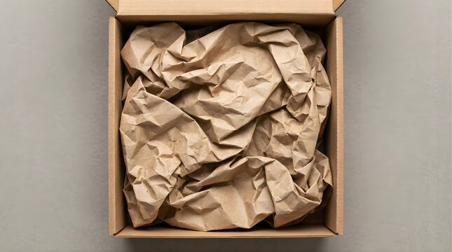 Brown paper filler inside an open cardboard delivery box from above