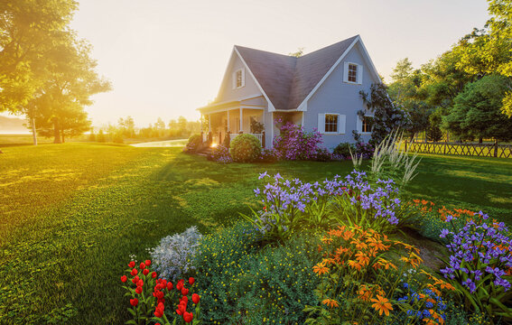 Cozy Countryside House with Beautiful Flower Garden at Sunrise