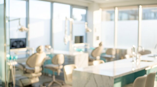 Blurred dental clinic interior with bright natural light and equipment